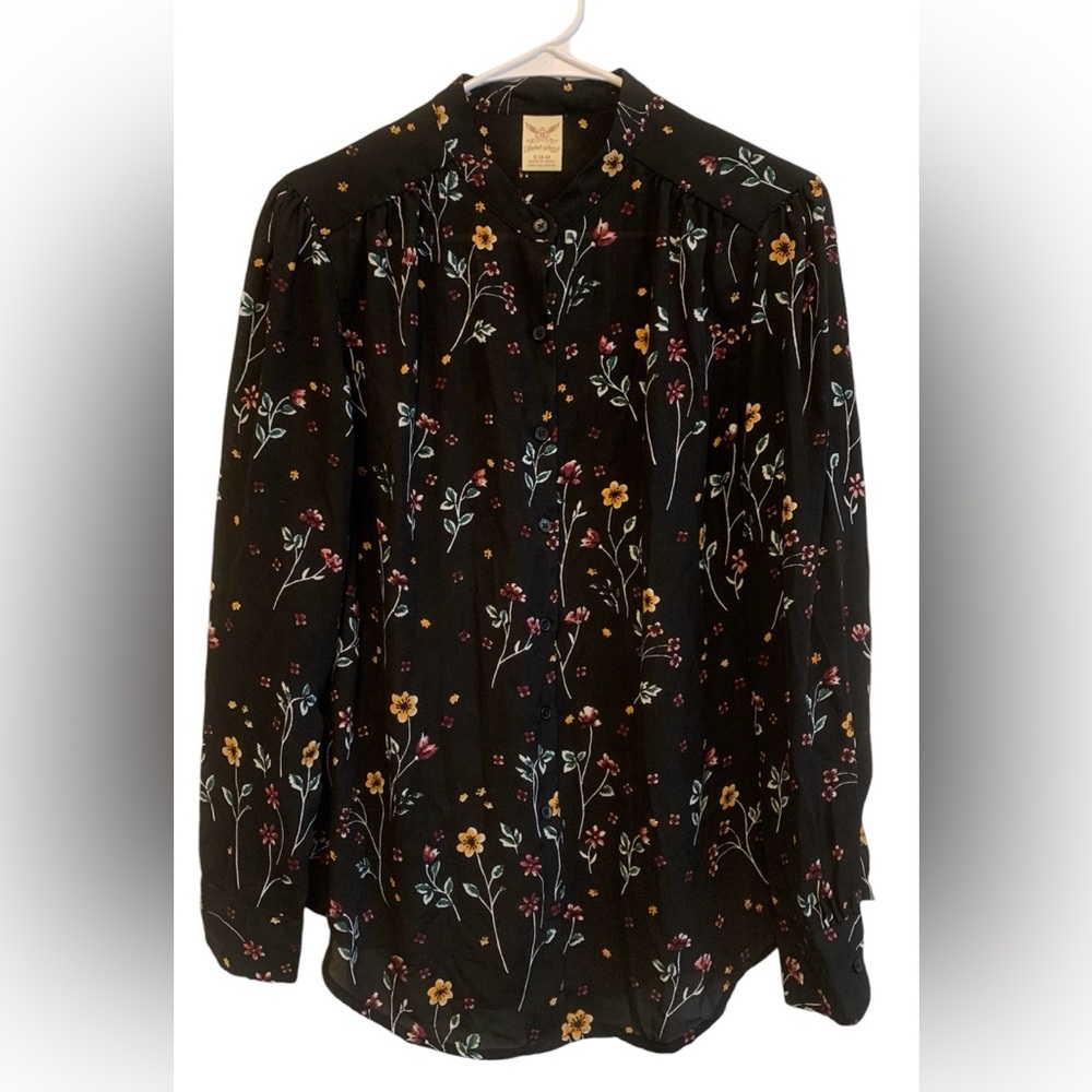Semi sheer long sleeve dark floral office blouse Faded Glory  flowy classy